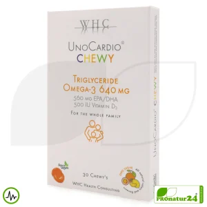 WHC UnoCardio® CHEWY | 640 mg OMEGA-3 Fettsäuren | 30 Gummies für Kinder | Fruchtig nach Zitrone, Orange und Maracuja | Ohne Zucker